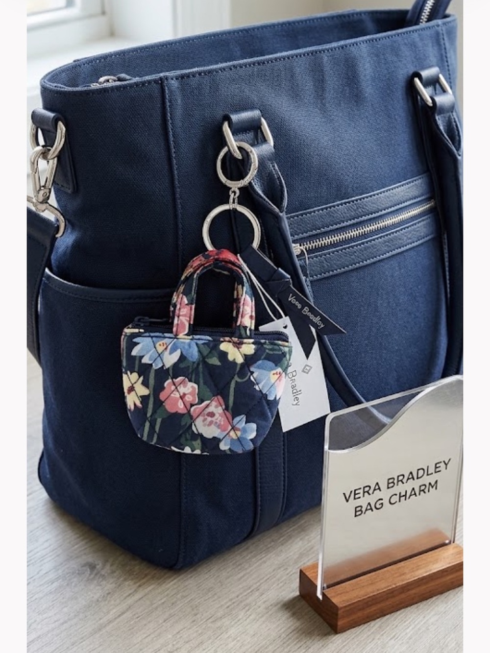 Vera Bradley Poppy Meadow Essential
Mini Quilted Tote Bag Charm Navy Blue